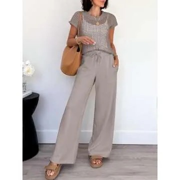 ANRABESS Women Two Piece Outfits Crochet Sheer Knit Sweater Top Wide Leg Pants Lounge Matching Sets Sweatsuit Travel Clothes light khaki Small