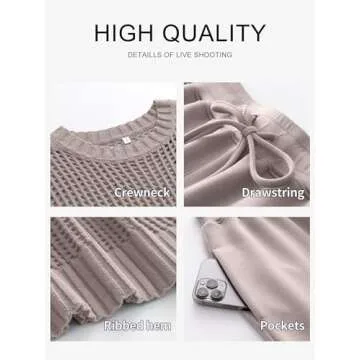 ANRABESS Women Two Piece Outfits Crochet Sheer Knit Sweater Top Wide Leg Pants Lounge Matching Sets Sweatsuit Travel Clothes light khaki Small