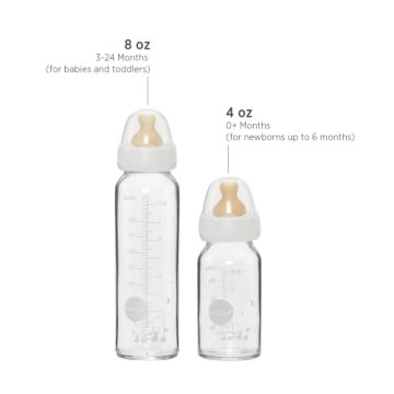 HEVEA Standard Neck Glass Baby Bottles - Natural Rubber Slow Flow Nipples - Anti Colic Baby Bottles for Breastfeeding Babies - Newborn 0+ Months - BPA-Free, Two-Pack (4 Oz)
