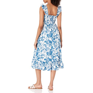 The Drop Women's Kimi Ruffled Shoulder Smocked Midi Dress, Blue Floral, S