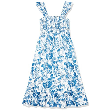 The Drop Women's Kimi Ruffled Shoulder Smocked Midi Dress, Blue Floral, S
