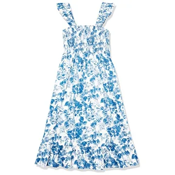 The Drop Women's Kimi Ruffled Shoulder Smocked Midi Dress, Blue Floral, S