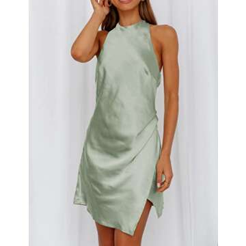 Satin Halter Tie Neck Backless Mini Dresses- Sexy Slit Ruched Open Back Twist Silk Formal Short Dress for Women Party Night