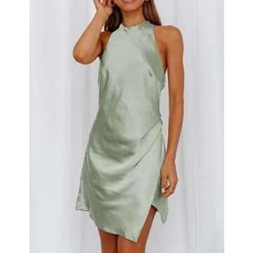 Satin Halter Tie Neck Backless Mini Dresses- Sexy Slit Ruched Open Back Twist Silk Formal Short Dress for Women Party Night