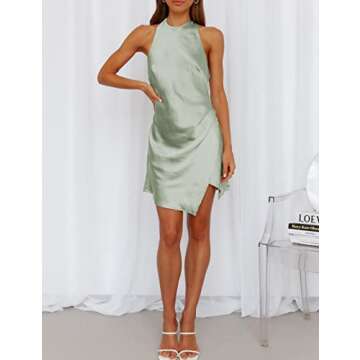 Satin Halter Tie Neck Backless Mini Dresses- Sexy Slit Ruched Open Back Twist Silk Formal Short Dress for Women Party Night