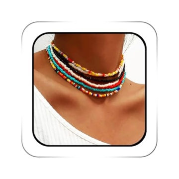 ACEDRE Boho Layered Beaded Necklaces Colorful Beads Choker Necklace Handmade Cute Chokers Set Beach ...