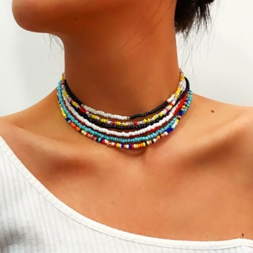 ACEDRE Boho Layered Beaded Necklaces Colorful Beads Choker Necklace Handmade Cute Chokers Set Beach Adjustable Neck Jewelry for Women(7PCS)
