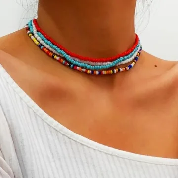 ACEDRE Boho Layered Beaded Necklaces Colorful Beads Choker Necklace Handmade Cute Chokers Set Beach Adjustable Neck Jewelry for Women(7PCS)