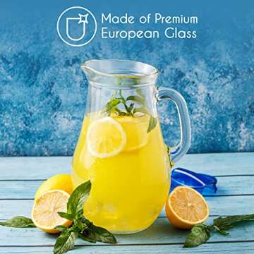 Glass Water Pitcher with Lid and Spout, Jug with Glass Handle for Iced Tea Juice Water Soda, Old-Fashioned Classic Beverage Pitcher and Carafe, 62 oz Capacity (Blue Lid)