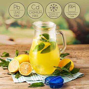 Glass Water Pitcher with Lid and Spout, Jug with Glass Handle for Iced Tea Juice Water Soda, Old-Fashioned Classic Beverage Pitcher and Carafe, 62 oz Capacity (Blue Lid)