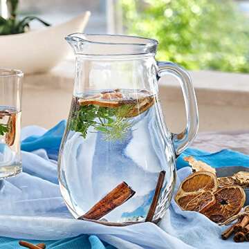 Glass Water Pitcher with Lid and Spout, Jug with Glass Handle for Iced Tea Juice Water Soda, Old-Fashioned Classic Beverage Pitcher and Carafe, 62 oz Capacity (Blue Lid)