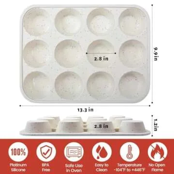 CAKETIME Silicone Muffin Pan, Metal Reinforced Frame Cupcake Pan 12 Cups Regular Size Easy to Move in or Out of Oven Non-Stick (2)