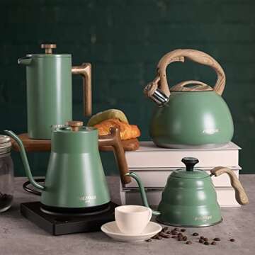 Poliviar Tea Kettle, 2.7 Quart Seaweed Green Finish with Wood Pattern Handle Loud Whistle Food Grade...