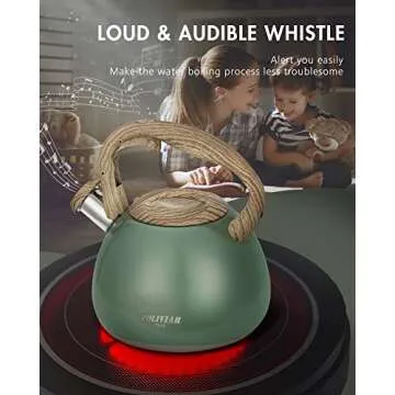 Poliviar Tea Kettle, 2.7 Quart Seaweed Green Finish with Wood Pattern Handle Loud Whistle Food Grade Stainless Steel Teapot, Anti-Hot Handle and Anti-Rust, Suitable for All Heat Sources (JX2020-SB30)