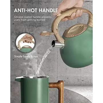 Poliviar Tea Kettle, 2.7 Quart Seaweed Green Finish with Wood Pattern Handle Loud Whistle Food Grade Stainless Steel Teapot, Anti-Hot Handle and Anti-Rust, Suitable for All Heat Sources (JX2020-SB30)