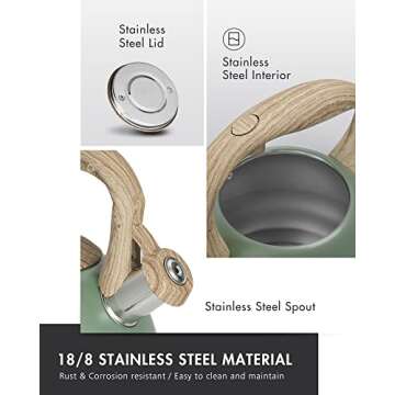 Poliviar Tea Kettle, 2.7 Quart Seaweed Green Finish with Wood Pattern Handle Loud Whistle Food Grade Stainless Steel Teapot, Anti-Hot Handle and Anti-Rust, Suitable for All Heat Sources (JX2020-SB30)