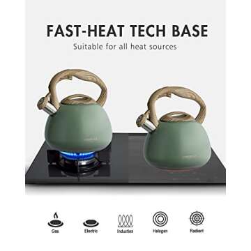 Poliviar Tea Kettle, 2.7 Quart Seaweed Green Finish with Wood Pattern Handle Loud Whistle Food Grade Stainless Steel Teapot, Anti-Hot Handle and Anti-Rust, Suitable for All Heat Sources (JX2020-SB30)
