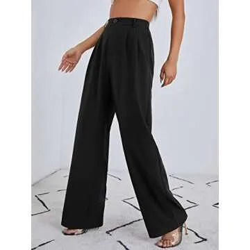 MakeMeChic Women's High Waisted Pockets Work Office Palazzo Wide Leg Pants Black A L