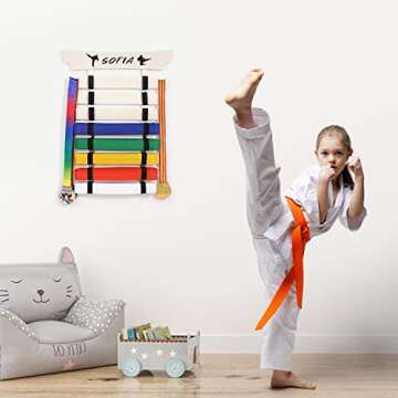 Winartton Karate Belt Display Rack, 8 Belts Taekwondo Belt Display with Medal Hanger and Stickers, Plywood Martial Arts Belt Display for Jiu Jitsu, BJJ Belts