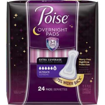 Poise Overnight Incontinence Pads for Women, Ultimate Absorbency, 24 Count (Packaging May Vary)