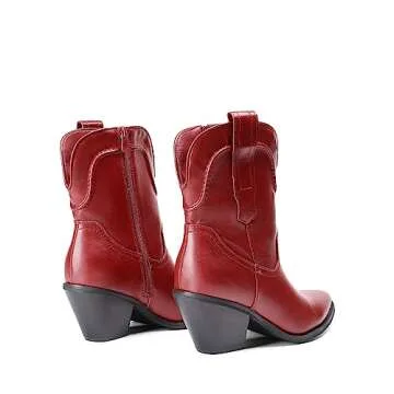 DREAM PAIRS Women's Cowboy Ankle Boots Western Booties Low Heel Pointed Toe Cowgirl Boots,Size 7.5,RED,SDAB2302W