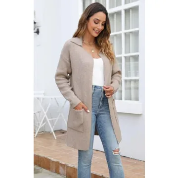 ECOWISH Women Open Front Cardigan: Fall Winter Long Sleeve Collared Midi Length Knit Sweater Casual Solid Coats with Pockets 410 Camel S