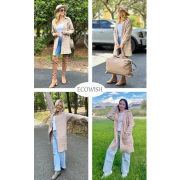 ECOWISH Women Open Front Cardigan: Fall Winter Long Sleeve Collared Midi Length Knit Sweater Casual Solid Coats with Pockets 410 Camel S
