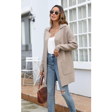 ECOWISH Women Open Front Cardigan: Fall Winter Long Sleeve Collared Midi Length Knit Sweater Casual Solid Coats with Pockets 410 Camel S