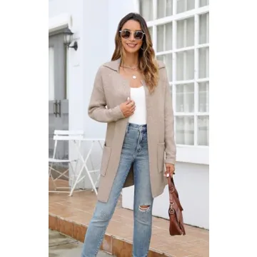 ECOWISH Women Open Front Cardigan: Fall Winter Long Sleeve Collared Midi Length Knit Sweater Casual Solid Coats with Pockets 410 Camel S