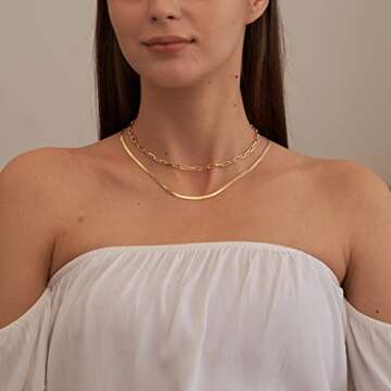 CHESKY Necklace for Women, 14k Gold Plated Layered Herringbone Paperclip Chain and Double Snake Chai...
