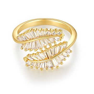 Vescence 18K Gold Plated CZ Open Ring - Adjustable Leaf Wrap Design for All Occasions