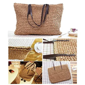 Ayliss Women Straw Woven Tote Large Beach Handmade Weaving Shoulder Bag Purse Straw Handbag (Square Khaki #2)