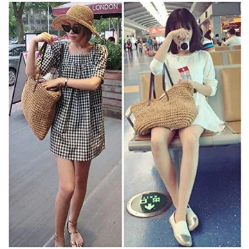 Ayliss Women Straw Woven Tote Large Beach Handmade Weaving Shoulder Bag Purse Straw Handbag (Square Khaki #2)