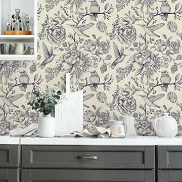 CHIHUT Purple Birds Floral Wallpaper Peel and Stick Vintage Peony Floral Leaf Removable Wallpaper Waterproof Floral Contact Paper for Cabinets Shelf Lines Self Adhesive Birds Wallpaper 17.7”x100”