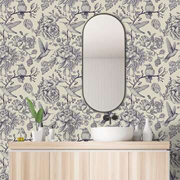 CHIHUT Purple Birds Floral Wallpaper Peel and Stick Vintage Peony Floral Leaf Removable Wallpaper Waterproof Floral Contact Paper for Cabinets Shelf Lines Self Adhesive Birds Wallpaper 17.7”x100”
