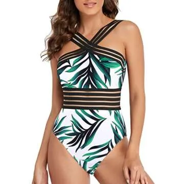 Hilor Swimsuit for Women Best Tummy Control Swimwear Slimming One Piece Bathing Suits White&Green Leaves S/US4-6