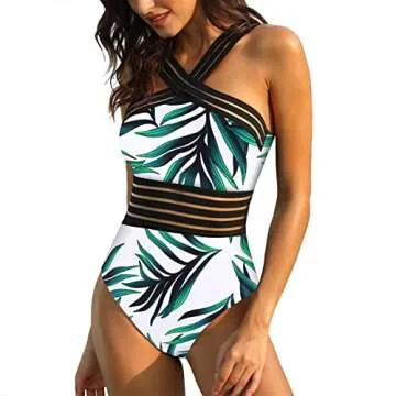 Hilor Swimsuit for Women Best Tummy Control Swimwear Slimming One Piece Bathing Suits White&Green Leaves S/US4-6