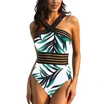 Hilor Swimsuit for Women Best Tummy Control Swimwear Slimming One Piece Bathing Suits White&Green Leaves S/US4-6