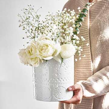 POTEY Ceramic Plant Pots 6 and 5 Inch Outdoor Indoor Flower Pot with Drainage Holes and Plugs - 804, Set of 2, White