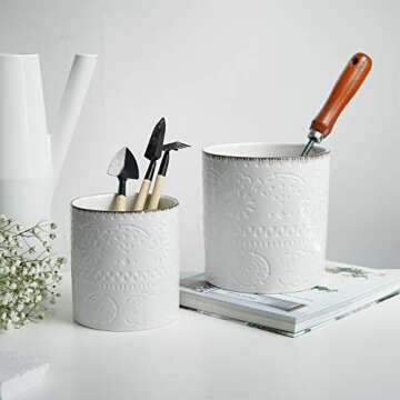 POTEY Ceramic Plant Pots 6 and 5 Inch Outdoor Indoor Flower Pot with Drainage Holes and Plugs - 804, Set of 2, White