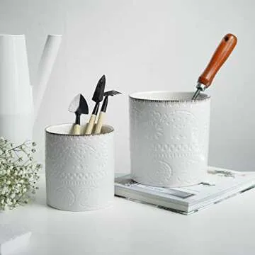 POTEY Ceramic Plant Pots 6 and 5 Inch Outdoor Indoor Flower Pot with Drainage Holes and Plugs - 804, Set of 2, White