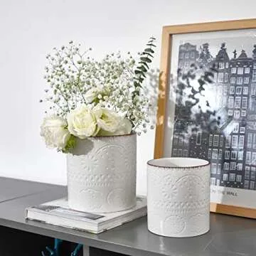 POTEY Ceramic Plant Pots 6 and 5 Inch Outdoor Indoor Flower Pot with Drainage Holes and Plugs - 804, Set of 2, White