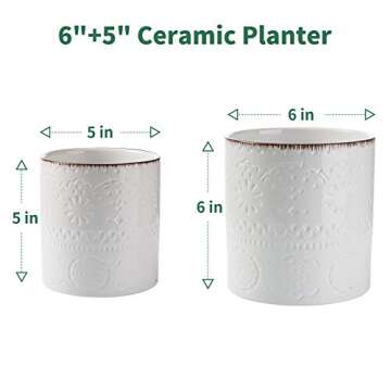POTEY Ceramic Plant Pots 6 and 5 Inch Outdoor Indoor Flower Pot with Drainage Holes and Plugs - 804, Set of 2, White