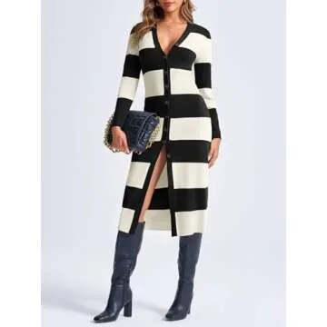 Saodimallsu Womens Striped Sweater Dress Button V Neck Long Sleeve Knit Fall Trendy Bodycon Midi Dre...
