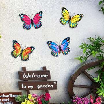 Oraytteo Metal Butterfly Wall Outdoor Decor - 4pcs 9.8inch Hanging Butterflies Wall Art Sculptures f...