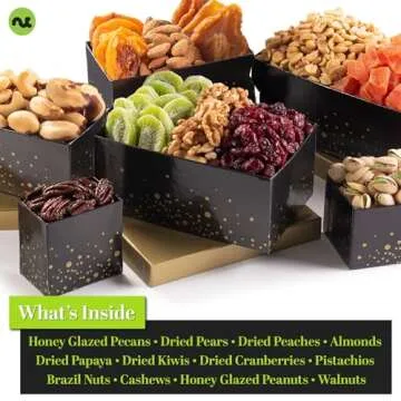 NUT CRAVINGS Gourmet Collection - Happy Birthday Nuts & Dried Fruits Tower Gift Basket with HB Ribbon (12 Assortments) Food Platter, Bday Care Package Tray, Healthy Kosher Snack