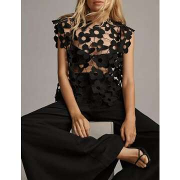Yimoon Women's Hollow Out Floral Lace Vest Sleeveless Crewneck Cover Up Summer Going Out Tops(01Black-M)