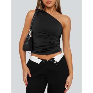 Matunana One Shoulder Tops for Women Summer Shirts Going Out Crop Tank Top Tube Corset Basic Sexy Y2K Tee Fashion Cute Clothes Beach Vacation Outfits 2025 Black