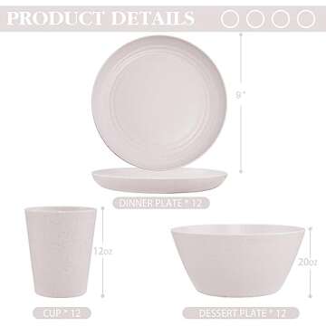 LIYH 36pcs Wheat Straw Dinnerware Set of 12, Plates and Bowls Set, Plastic Plates Reusable,Camping P...