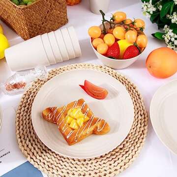 LIYH 36pcs Wheat Straw Dinnerware Set of 12, Plates and Bowls Set, Plastic Plates Reusable,Camping Plates Dishes, Microwave & Dishwasher Safe Wheat Straw Plates (Beige)